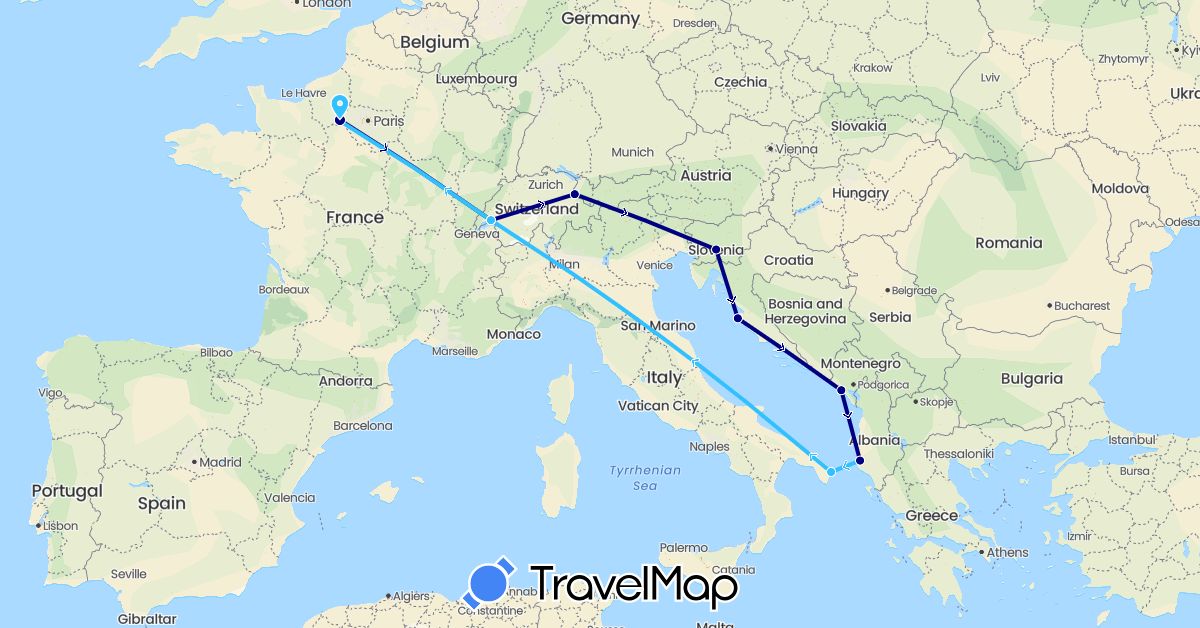 TravelMap itinerary: driving, boat in Albania, Switzerland, France, Croatia, Italy, Liechtenstein, Montenegro, Slovenia (Europe)